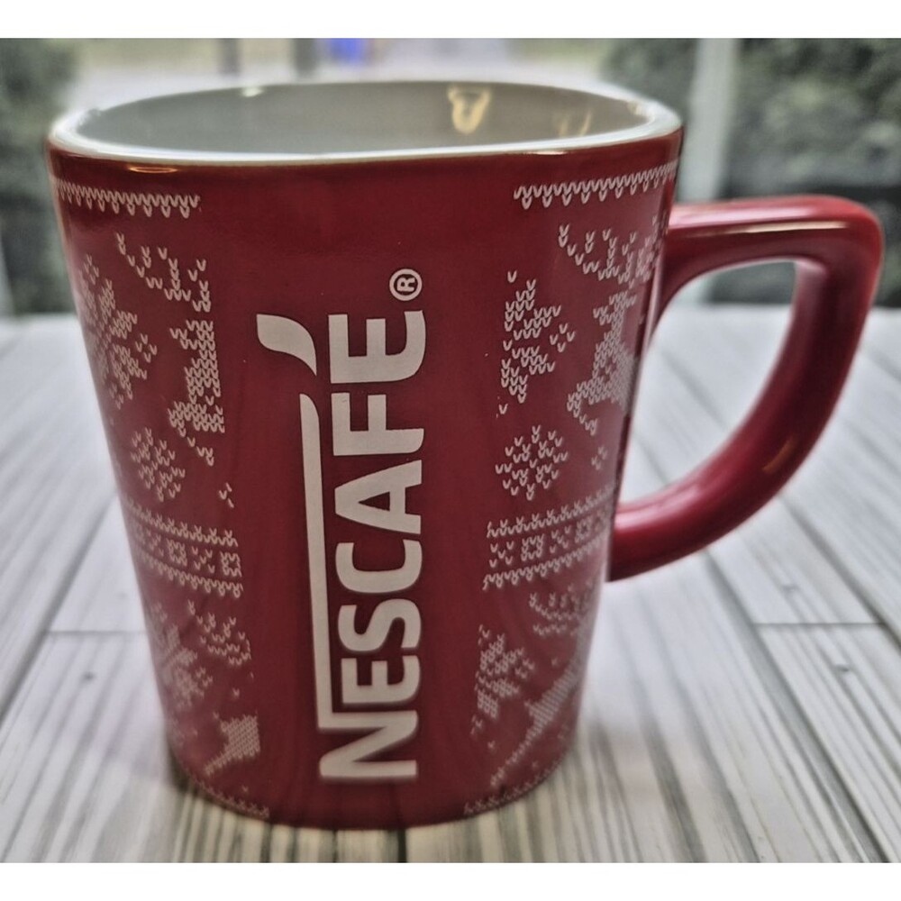 Vintage Nescafe Red Christmas Mug 2011 Nordic Reindeer Snowflake Coffee Cup 4"